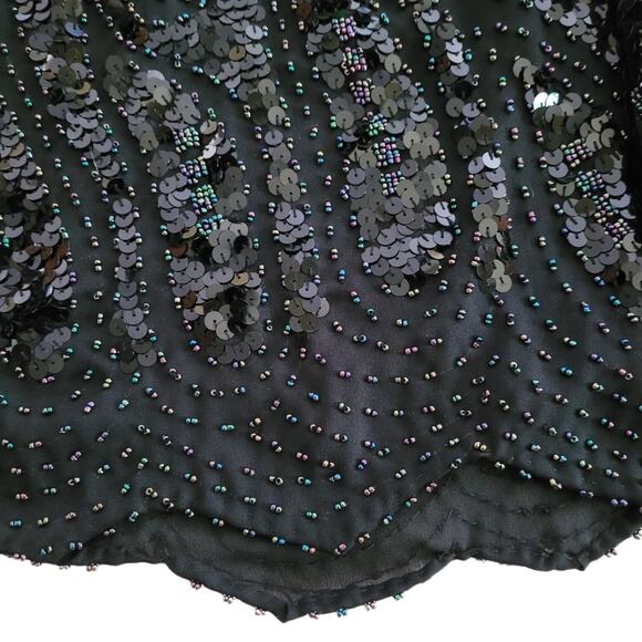 St. Eve Milano Black Long Sleeve Subtle Iridescent Sequin Beaded Scallop Hem Top - Picture 7 of 11